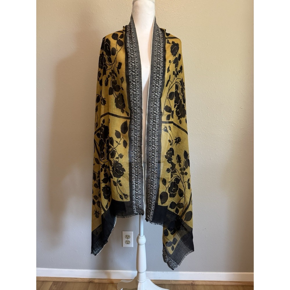 100X200 Italy 100% Wool Rose Floral Scarf Shawl Mustard Black Lagenlook XL 29x76
